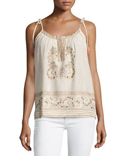 Embroidered Shoulder Tassel Tank, Blush