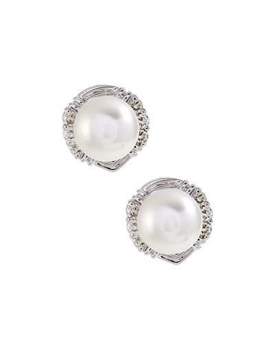 14k Freshwater Pearl & Diamond Button Earrings,