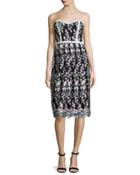 Strapless Floral Embroidered Dress, Gray