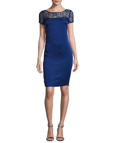 Lace-yoke Luxe Satin Cap-sleeve Dress, Violet