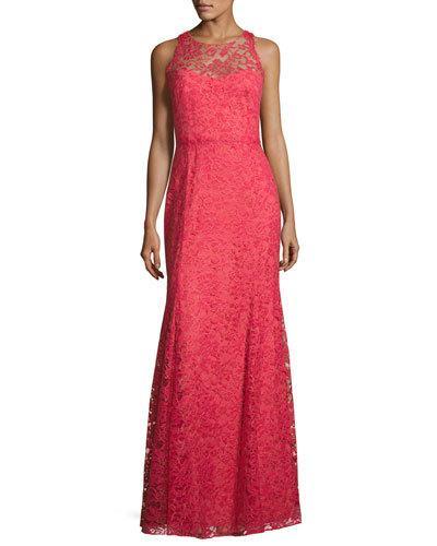 Sleeveless Beaded Lace Illusion Gown,