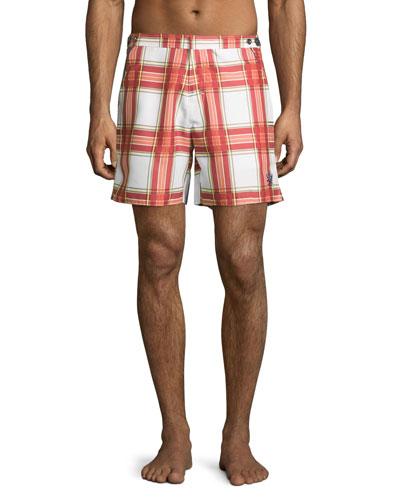 Rat Pack Plaid Swim Trunks, Red Ringer