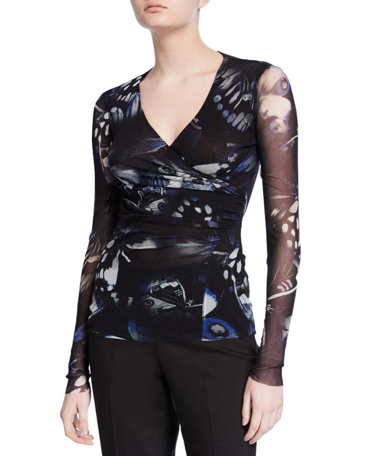 Butterfly Ruched V-neck Long-sleeve Top