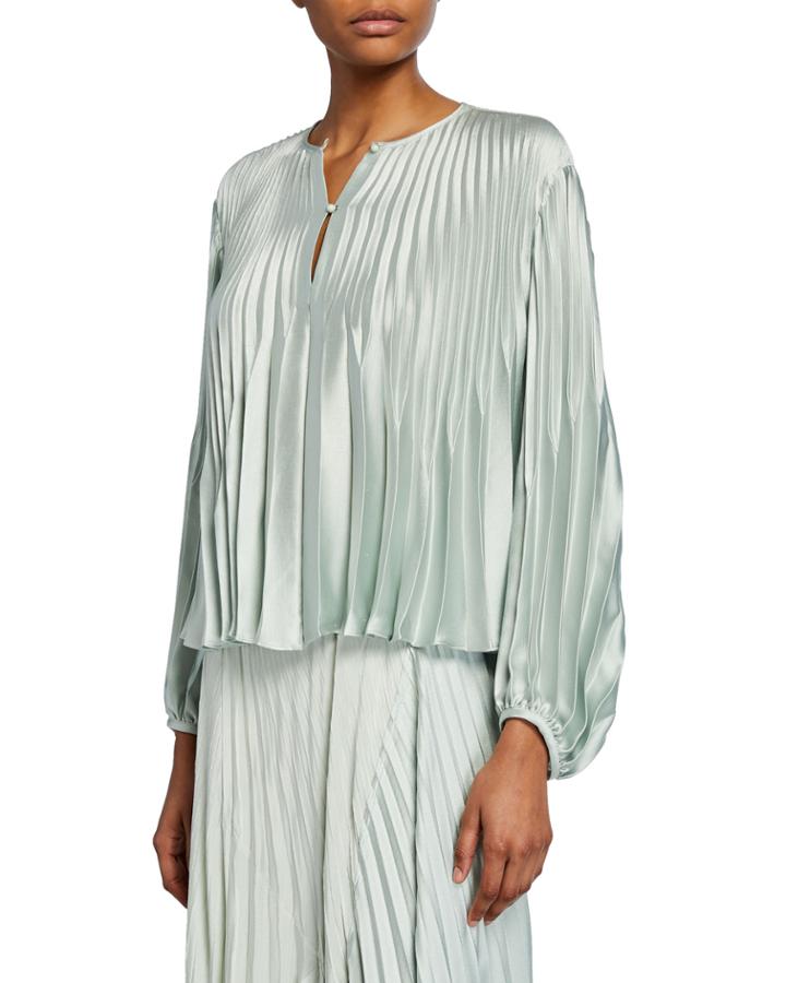 Chevron Pleated Blouson-sleeve Blouse