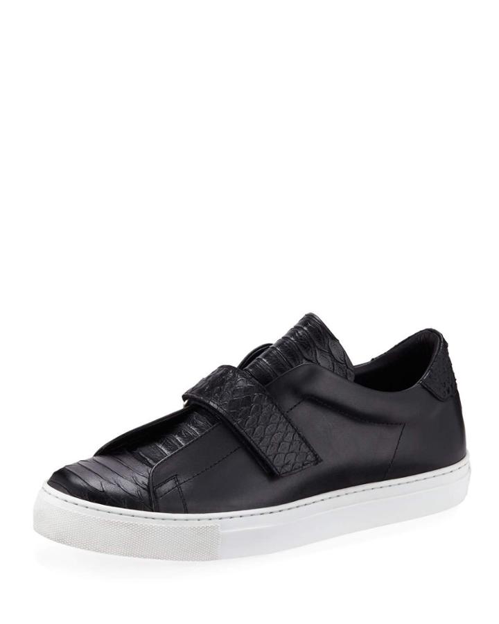 Men's Leather Grip-strap Sneakers, Black