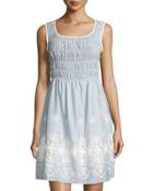 Sleeveless Cotton Smocked Dress, Chambray/off White