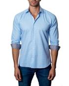 Gingham Sport Shirt W/ Contrast Cuffs, White/blue