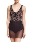 Floral Print Tulle Overlay One-piece Swimdress, Black