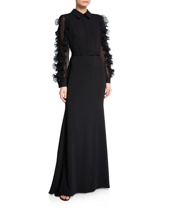 Collared Long-sleeve Ruffle-trim Shirtdress Gown