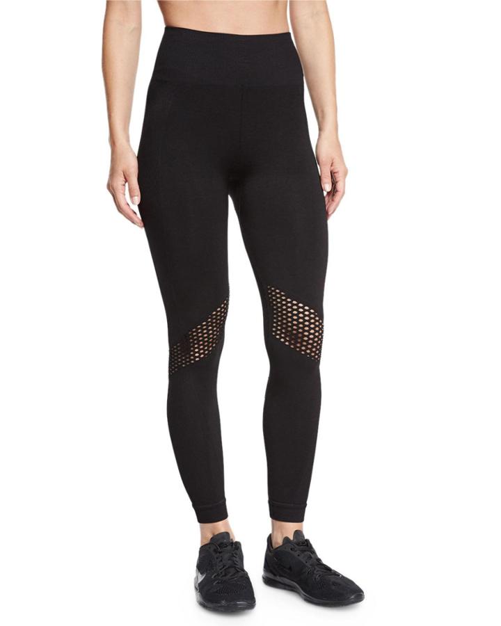 Seamless Mesh-panel Athletic Leggings, Black