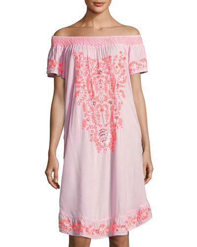 Off-the-shoulder Embroidered Caftan Dress