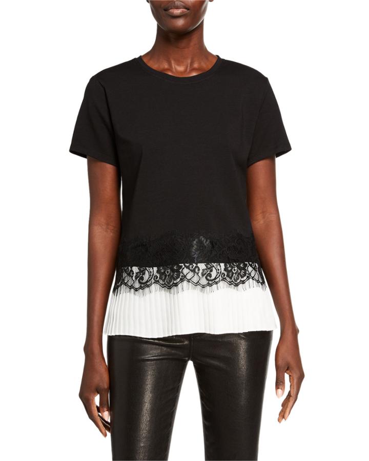 Pleated Lace-hem Crewneck Top