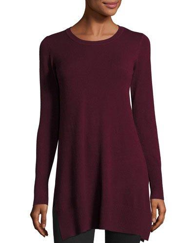 Long-sleeve Side-slit Knit Tunic, Burgundy