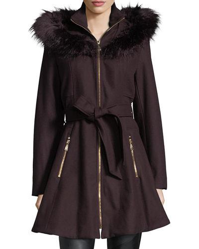 Faux Fur-trimmed Wool Car Coat