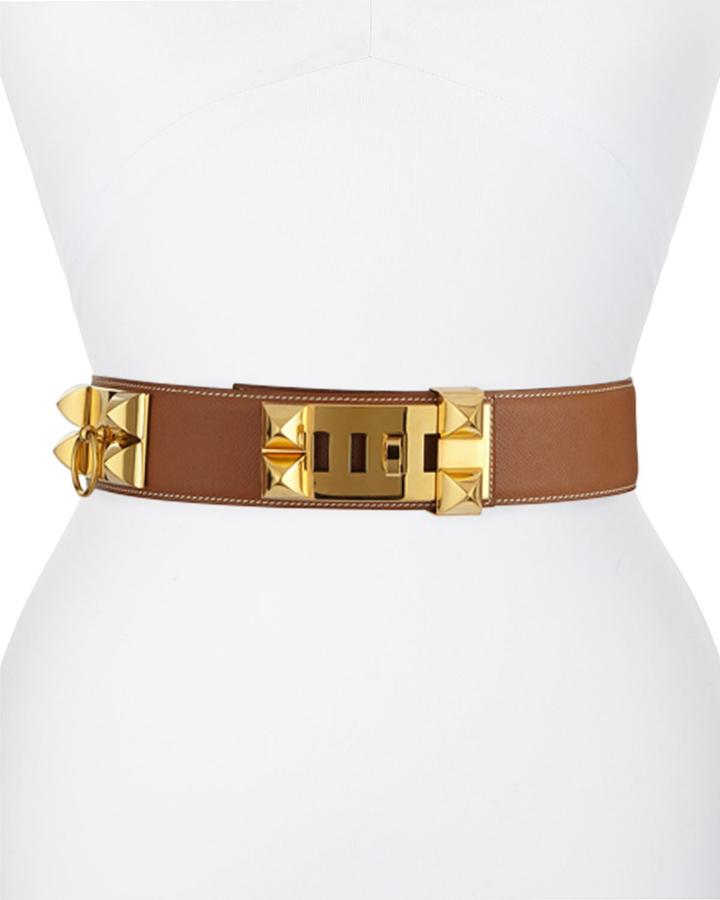 Estate Leather Belt W/ Studs, Brown/gold