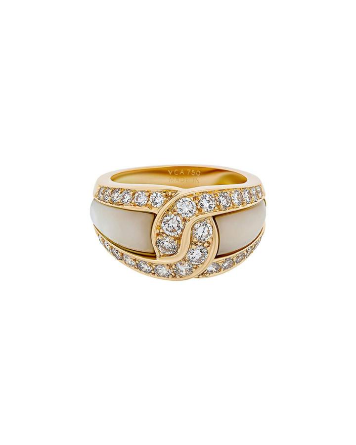18k Yellow Gold Mother-of-pearl Ring W/ Diamonds,