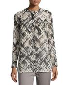 Relaxed Graphic-print Silk Top, White/black