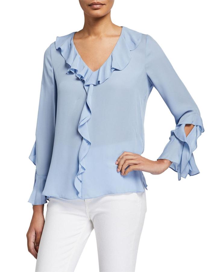 Genny V-neck Silk Blouse W/ Ruffles