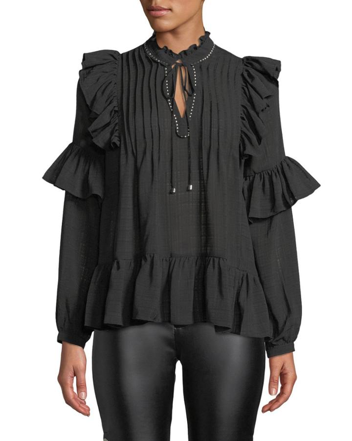 Long-sleeve Ruffle Top W/ Embellished Tie Neck