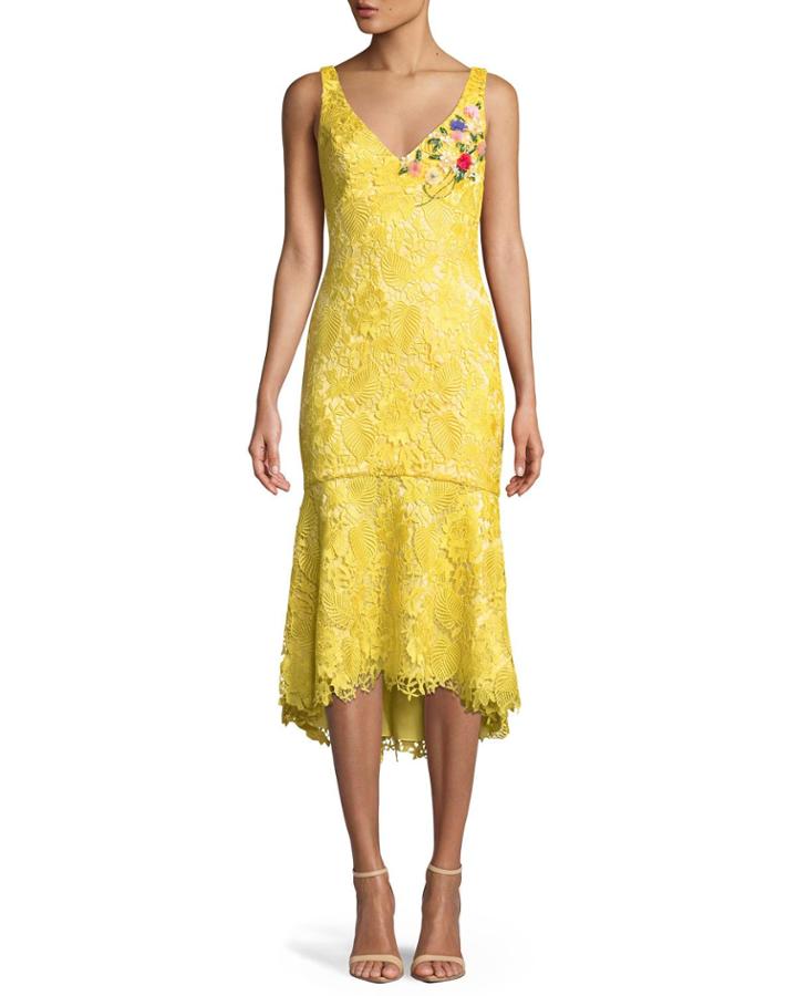 Lace V-neck Dress W/ Floral Embroidery