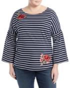 Bell-sleeve Striped Embroidered Tee,