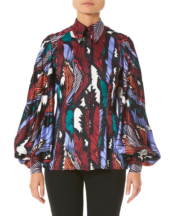 Puff-sleeve Printed Button-front