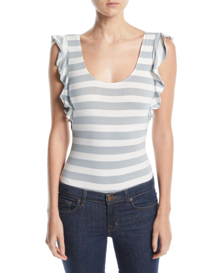 Striped Low-side Ruffle-sleeve Bodysuit