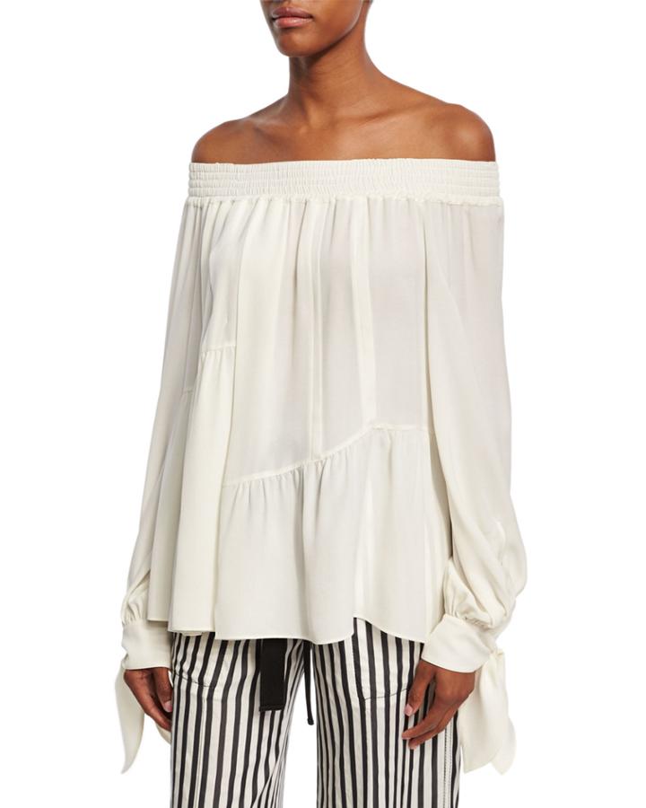 Shirred Silk Off-the-shoulder Blouse