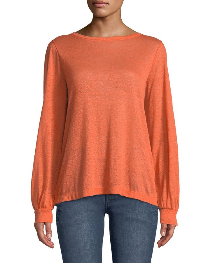 Boat-neck Long-sleeve Linen Pullover Top
