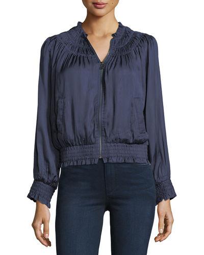 Smocked Floral Thread-work Sateen Bomber Jacket