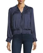 Smocked Floral Thread-work Sateen Bomber Jacket