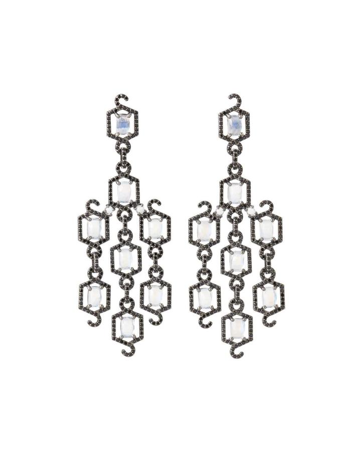 Rainbow Moonstone & Black Spinel Dangle Earrings