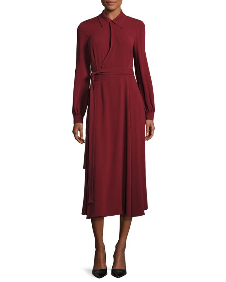 Long-sleeve Collared Midi Wrap Dress, Dark Red