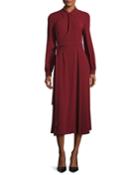 Long-sleeve Collared Midi Wrap Dress, Dark Red