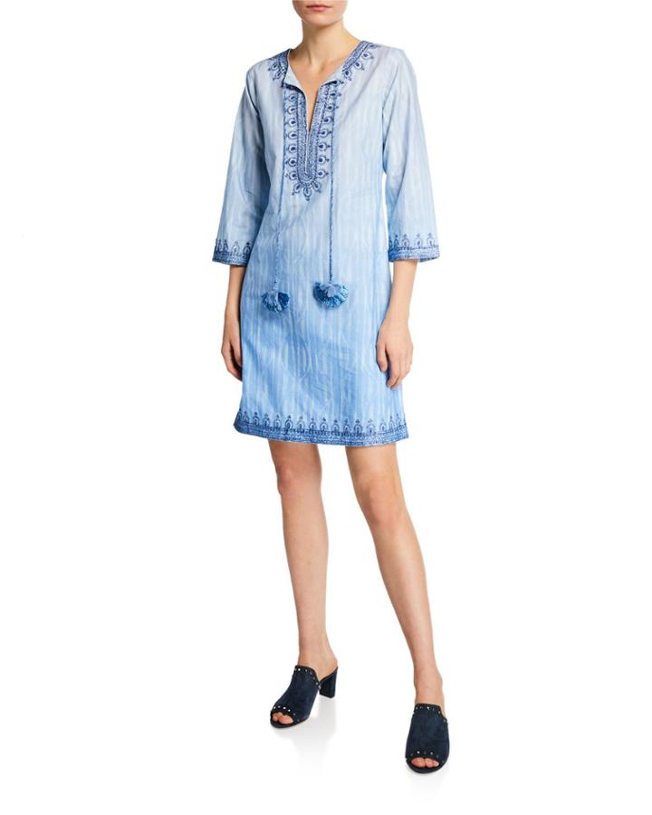 Heather Split-neck 3/4-sleeve Embroidered Cotton Dress W/ Tassel Ties
