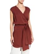 Faux-wrap Tie-waist Sleeveless Blouse