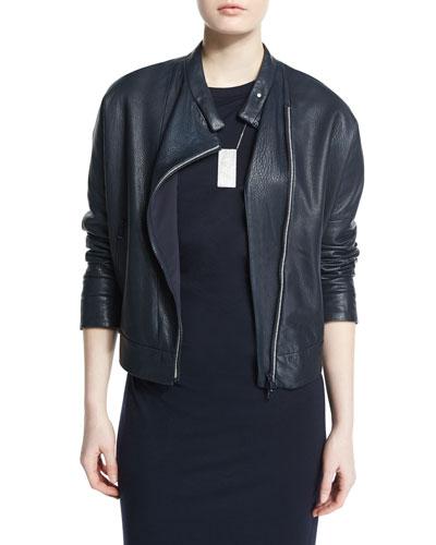 Asymmetric Leather Moto Jacket W/monili Trim