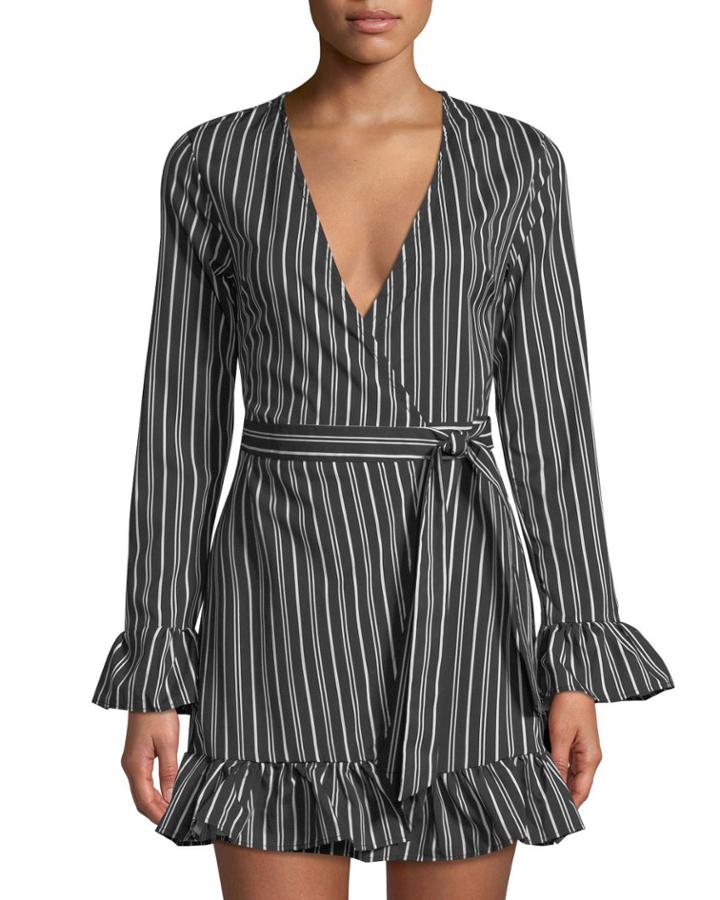 Striped Long-sleeve Ruffled Wrap Dress