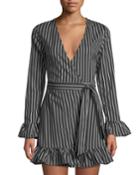 Striped Long-sleeve Ruffled Wrap Dress