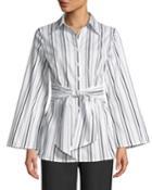 Striped Tie-waist Button-front Blouse