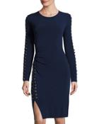 Crewneck Grommet-trim Dress, Navy