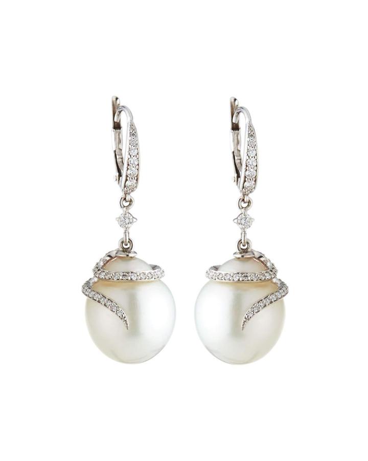 18k White Gold Diamond Swirl & Pearl Earrings