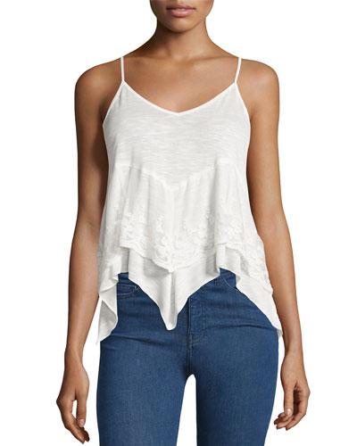 Asymmetric Lace Trim Tank, White
