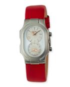Small Signature Dual Dial Watch With Leather Strap, White/red