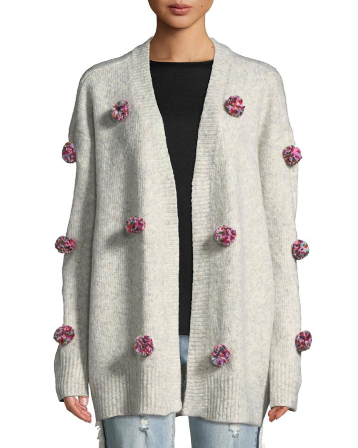 Pompom Open-front Knit Cardigan