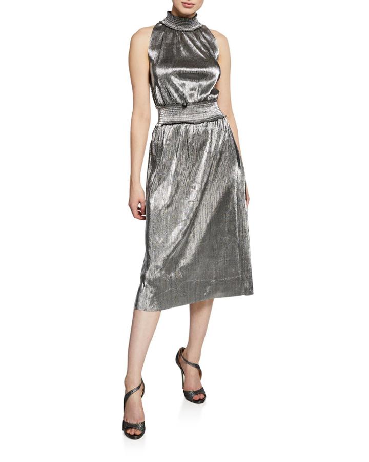 Pleated Metallic Drop Waist