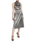 Pleated Metallic Drop Waist