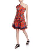 One-shoulder Gathered Dress With Pleated Hem