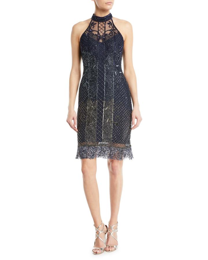 Polly Beaded Halter Cocktail Dress W/ Fringe