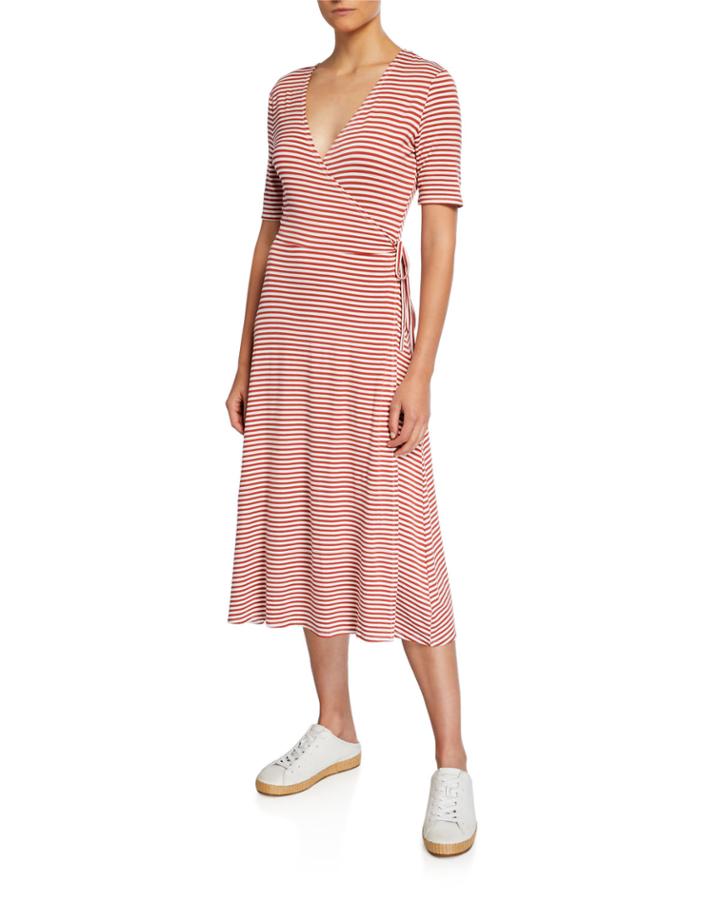 Striped V-neck Short-sleeve Wrap Dress